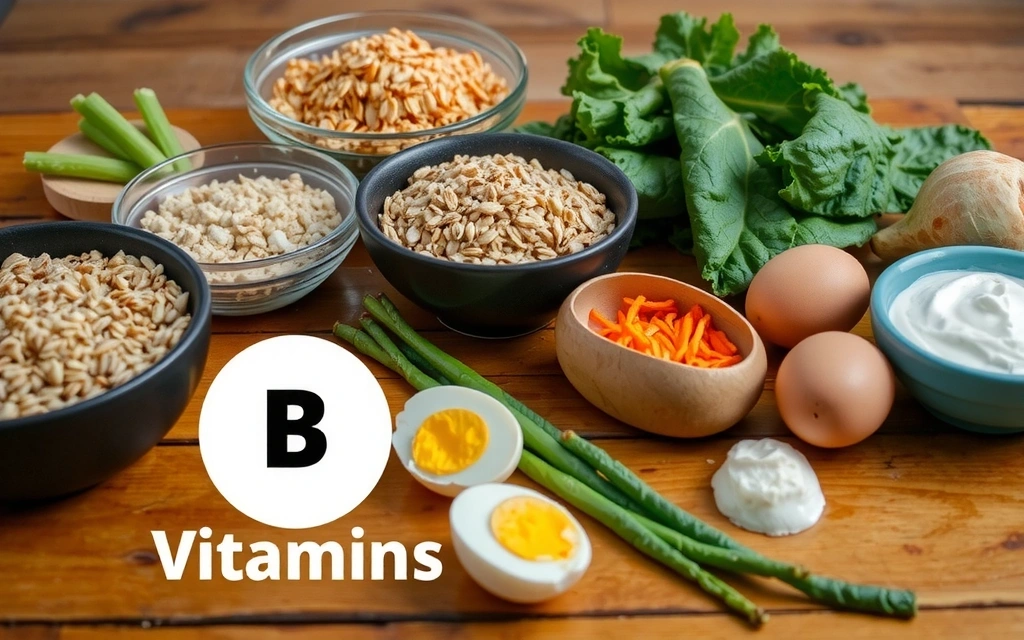 Illustration de diverses sources alimentaires riches en vitamines B, comme des céréales complètes, des légumes verts et des œufs.