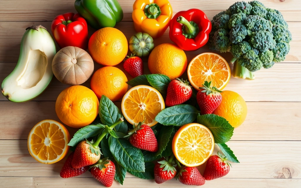 Assortiment de noix du Brésil, poissons, œufs et champignons frais disposés harmonieusement sur une planche en bois.