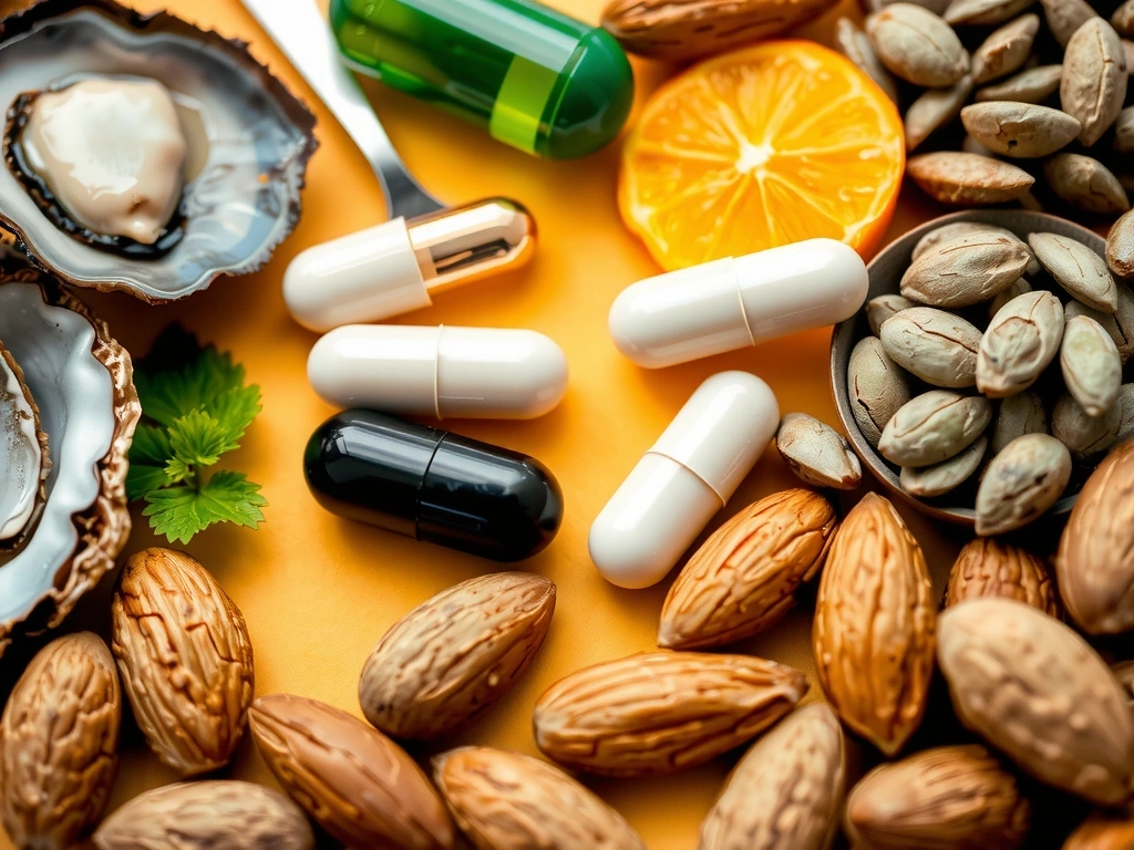 Image stylisée de la biotine (Vitamine B7) avec des symboles de cheveux sains et de peau éclatante.